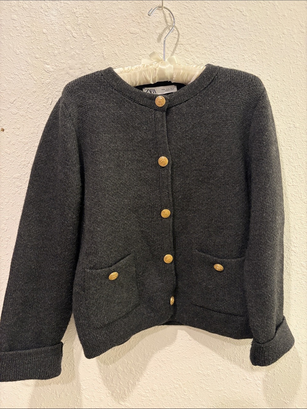 Zara Kids Dark Charcoal Knit Cardigan with Gold Buttons